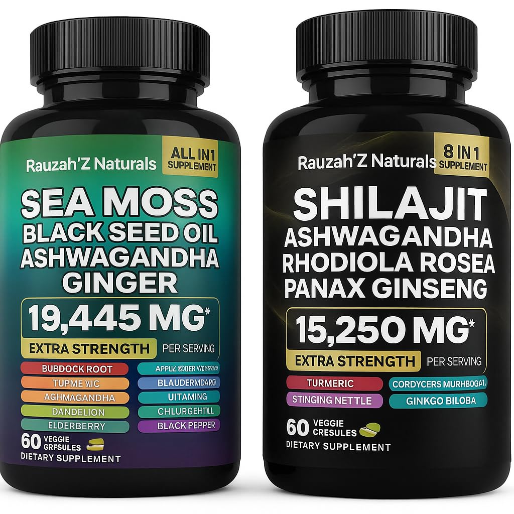 Sea Moss and Shilajit Bundle – Sea Moss, Black Seed Oil, Ashwagandha, Ginger & Shilajit, Rhodiola Rosea, Panax Ginseng
