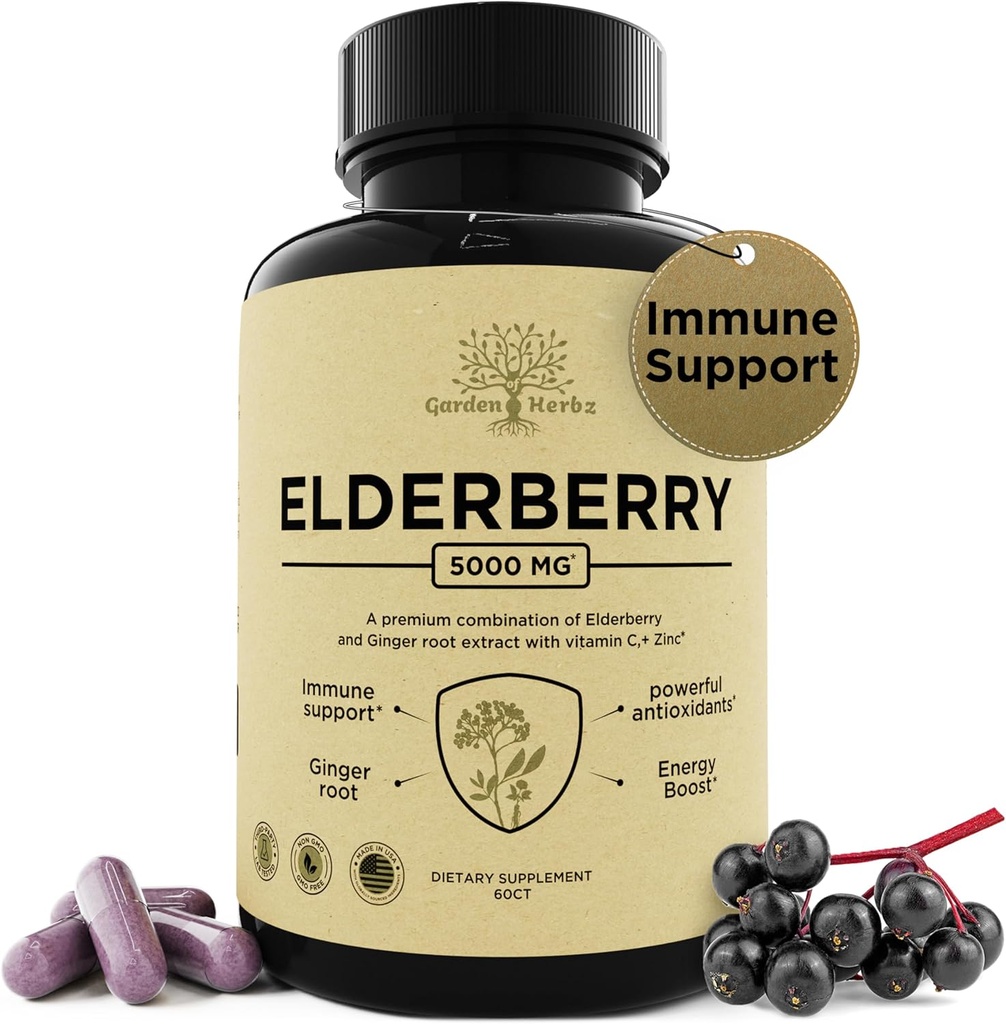 Elderberry koos C-vitamiini, tsingi ja ingveriga - tugev immuunsuse suurendaja 5000 Mg Elderberry, tsink ja C-vitamiin - täiskasvanutele mõeldud mitte-GMO immuunsuse vitamiinid, mis aitavad teil tunda elujõulisust, 60 kapslit.