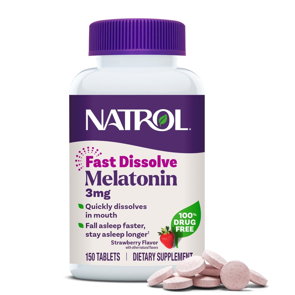 Natrol Fast Lahustage melatoniini 3 mg, melatoniini toidulisandid rahutuks uneks, unetoetus täiskasvanutele, 150 maasikamaitselist tabletti, kuni 150 päeva pakkumine