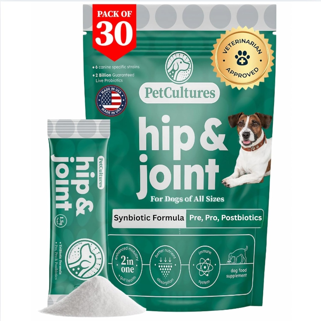 PetCultures hip & Joint TriBiotic Powder, toidulisand, mis toetab koerte liikuvust probiootikumide, prebiootikumide ja postbiootikumidega pluss glükoosamiin & kondroitiin - valmistatud USA-s