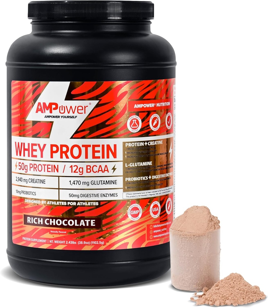Chocolate Whey Protein Pulber | Teaduslikult kavandatud optimaalne lihaste virna, soolestik, aju, immuunne | Valk, BCAA, kreatin, L-glutamiin, probiootikumid, seedeensüümid | Rich Chocolate, 38,9oz