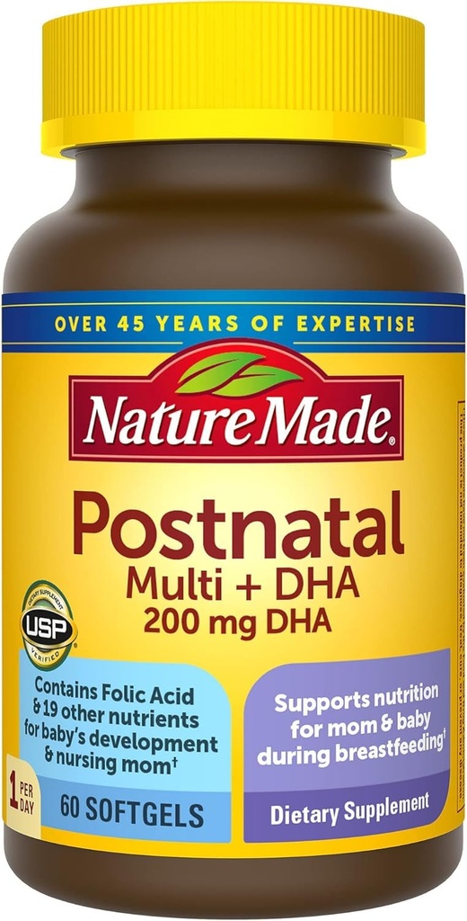 Nature Made postnataalne multivitamiin + DHA 200 mg, 60 Softgels, et toetada imetamise ajal imetavaid emasid ja lapsi, postnataalsed vitamiinid ja toitained sisaldavad rauda, D3-vitamiini, kaltsiumi, joodi