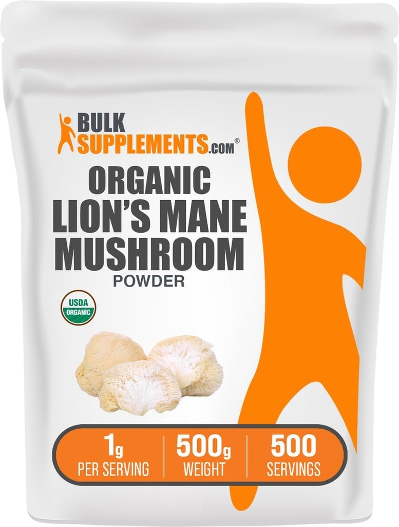 BulkSupplements.com Orgaaniline Lions Mane Seenepulber - Lions Mane Powder, Seenelisand - Vegan & Gluteenivaba, 1 g Serving, 500 g (1,1 naela) (pakk 1)