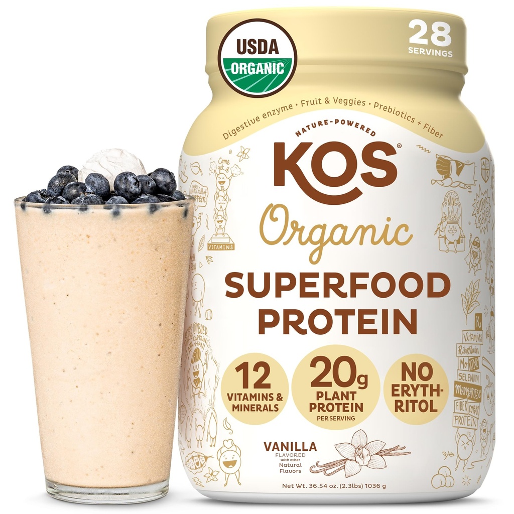 KOS Veganvalgu pulber Erütritoolivaba, Vanilla USDA orgaaniline - hernevalgu segu, taimepõhine supertoit, mis on rikas vitamiinide ja mineraalide poolest - Keto, piimavaba - toidu asendamine naistele ja meestele, 28 serveerimist