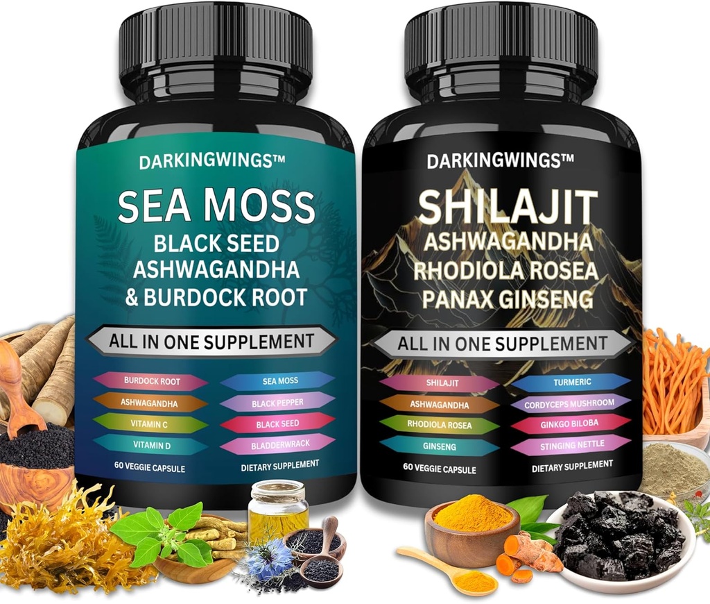 Shilajit and sea moss combo - Sea Moss 3000mg, Black Seed Oil 2000mg, Ashwagandha 2000mg, Shilajit 9000mg, Rhodiola Rosea1000mg,Panax Ginseng1500mg | merisammal ja shilajit kimp, kõik ühes lisas