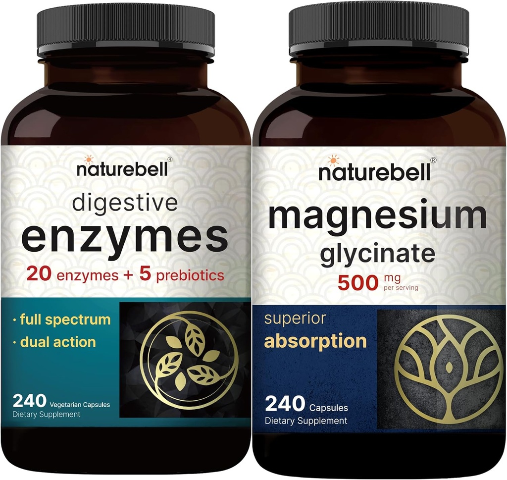 Magneesiumglütsinaatkapslid 500mg, 240 Count - 100% kelaaditud ja puhastatud | Seedeensüümid prebiootikumidega, 240 Veggie kapslit - 20 ensüümi & 5 prebiootiline pankrease kompleks