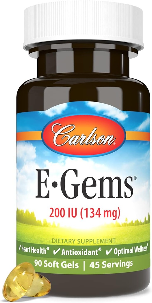Carlson E-Gems 200 RÜ (134 mg), looduslik allikas E-vitamiin, optimaalne heaolu, 90 pehmet geeli