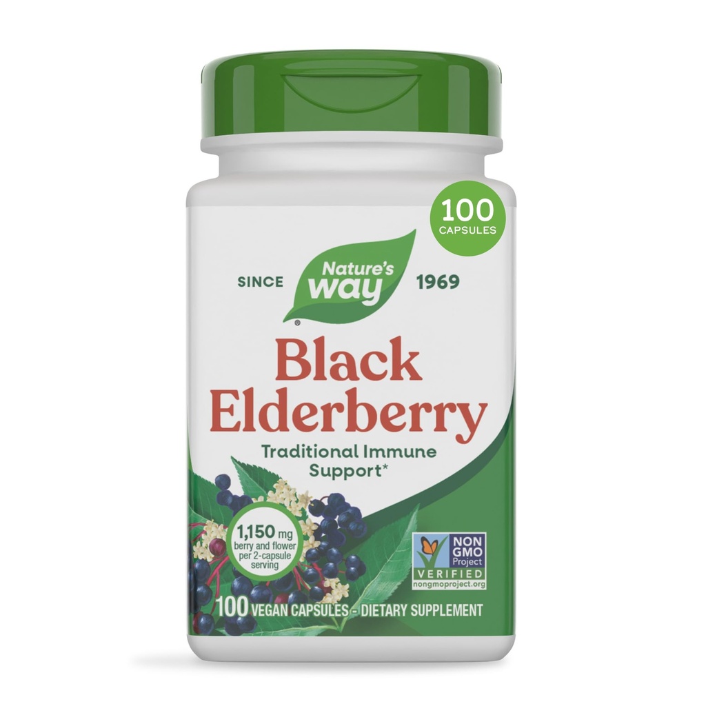 Nature's Way Black Elderberry kapslid, traditsiooniline immuunsustoetus * lisa koos leedrimarja ja leedripuuga, taimetoitlane, 100 kapslit (pakendamine võib varieeruda)