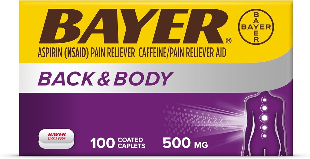 Bayer Back & Body Extra Tugevus Aspiriin, 500 mg kaetud tabletid, kiire leevendus valu kohas, valu leevendamine 32,5 mg kofeiiniga, 100 krahv