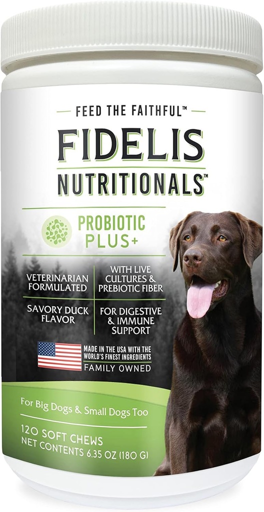 FIDELIS Probiootikum Plus + lemmiklooma probiootikumid koertele, seedekulgla tervis, pärm, sügelev nahk / kõrvad, käpa lakkumine, Safe Dog ravi täiendus lemmikloomadele, täiskasvanud, suured ja väikesed, valmistatud USA-s, pardi maitse, 120 närimist