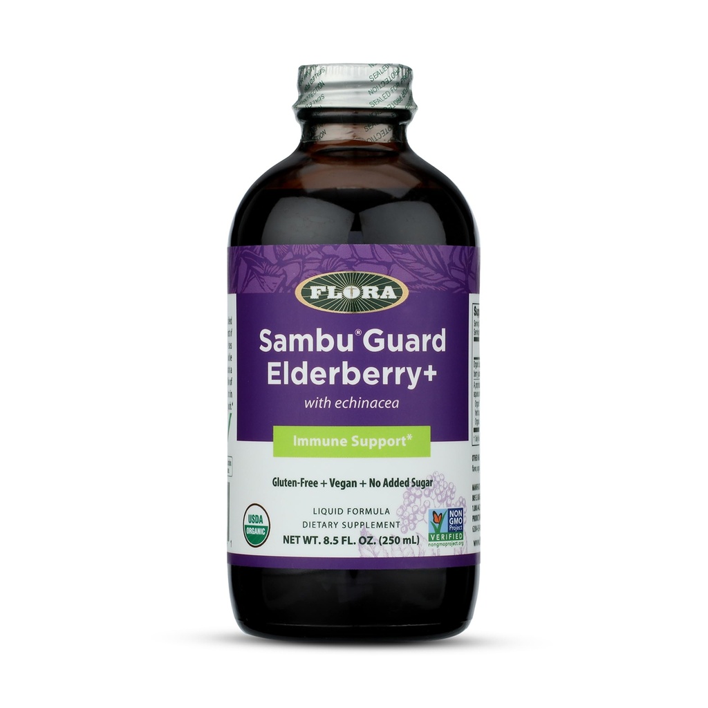 Flora Organic Black Elderberry Syrup + 8,5oz - Immuunsuse tugevdaja koos Echinacea, lastele ja täiskasvanutele, No Added Sugar, Gluteenivaba, Vegan, SambuGuard