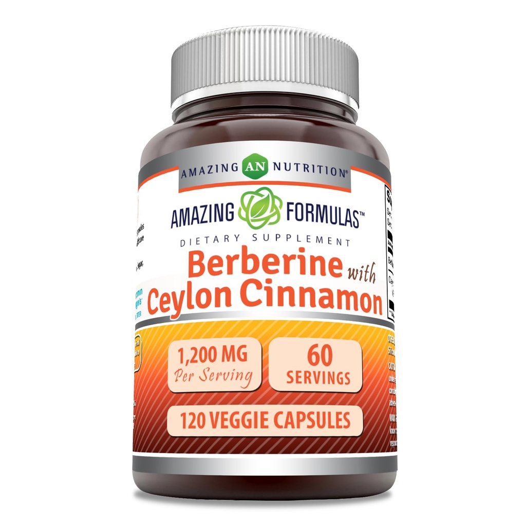 Amazing Formulas Berberine koos puhta tseiloni kaneeliga 1200 Mg per Serving | Premium Complex Supplement | Veggie kapslid | Non-GMO | Gluteenivaba | Valmistatud USAs (1 Pack | 120 Count)