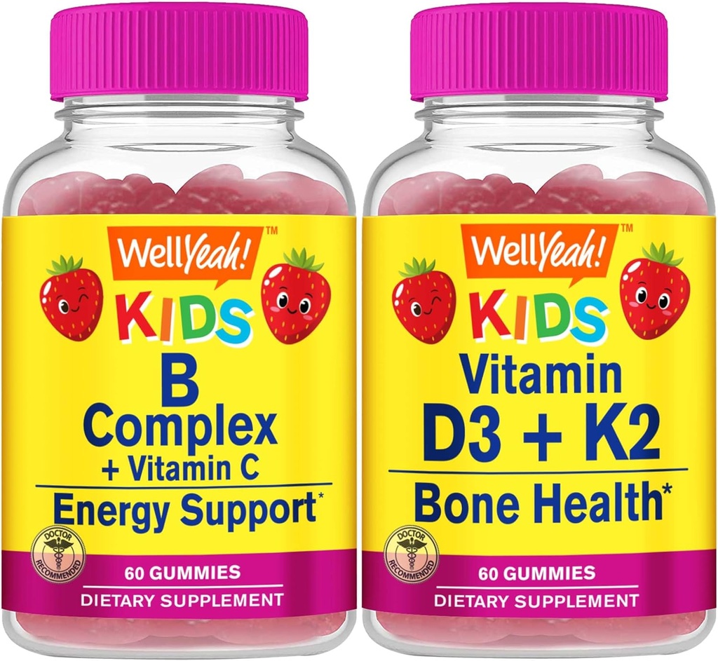 WellYeah B Complex Kids + Vitamin D3+K2 Kids, Gummies Bundle - Great Tasting, Vitamin Supplement, Gluten Free, GMO Free, Chewable Gummy