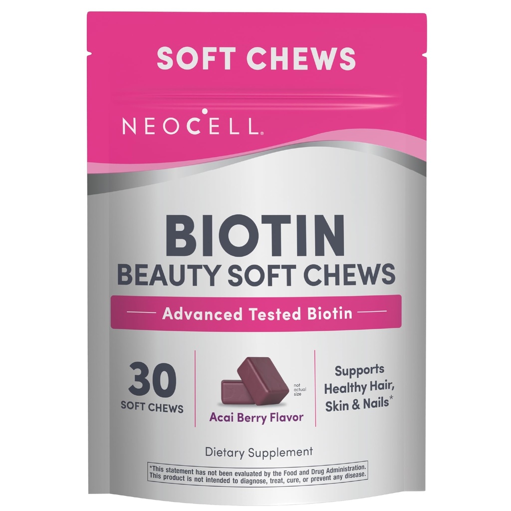 NeoCell Biotin Beauty Soft Chews | 30 Chewables | 10000mcg | Hair, Skin & Nails | Acai Berry Flavor
