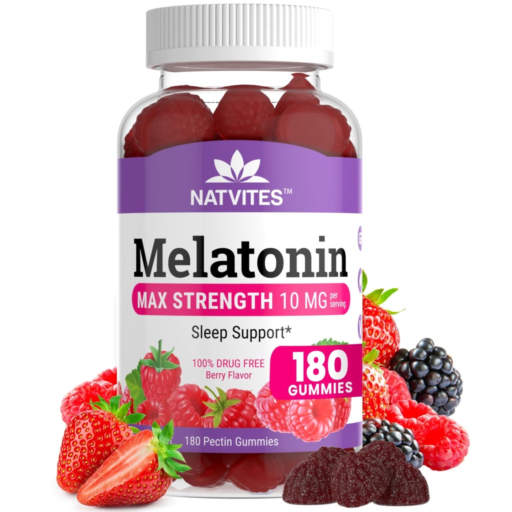 Melatoniin Gummies Max Tugevus 10mg Pectin Gummies, Aitab Sleep Support, Berry Flavor Gummy, 100% Ravimivaba, 180 Count (Pack of 1)