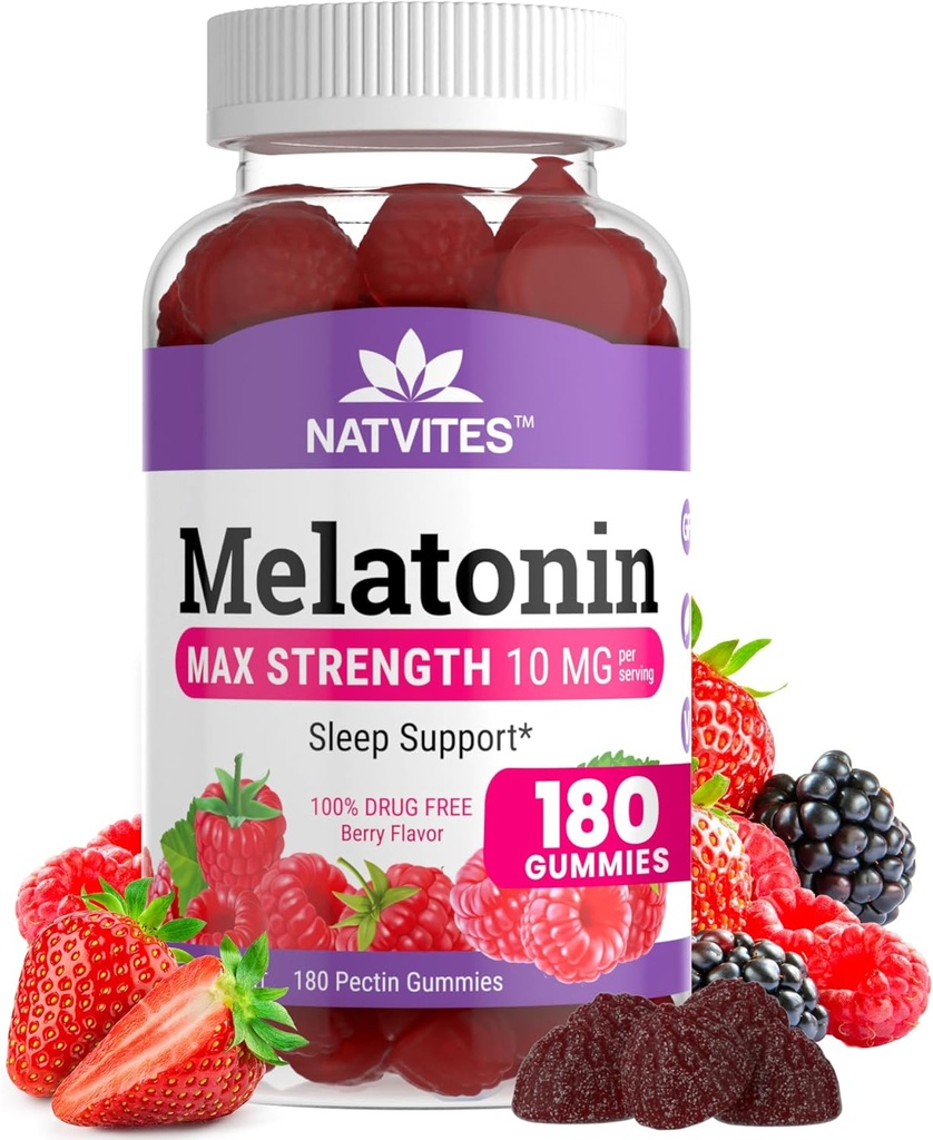 Melatonin Gummies Max Strength 10mg Pectin Gummies, Helps with Sleep Support, Berry Flavor Gummy, 100% Drug Free, 180 Count (Pack of 1)