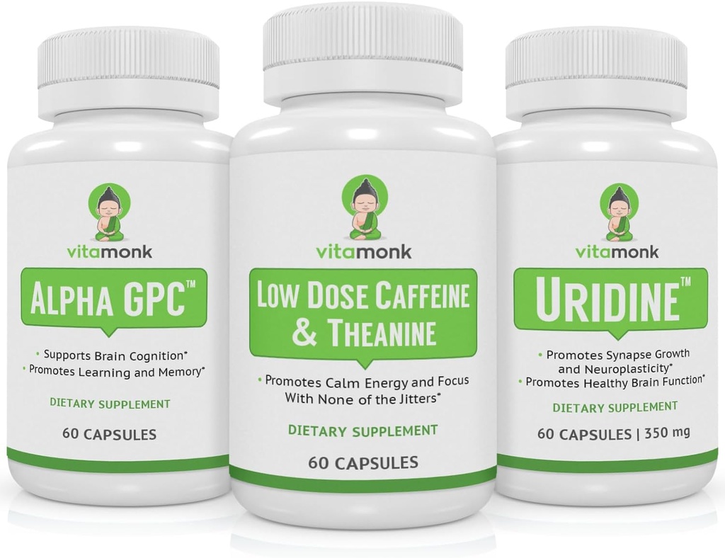 VitaMonk Brain Boost Bundle - Alpha GPC, uridiin ja madala annuse kofeiin + L-Theanine Duo