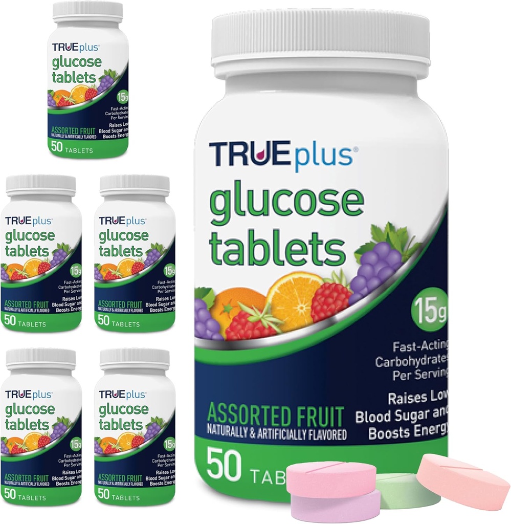 TRUEplus® Glükoosi tabletid, sorteeritud maitse (Viin, Vaarika, Apelsin) - 50ct pudel - 6 Pack