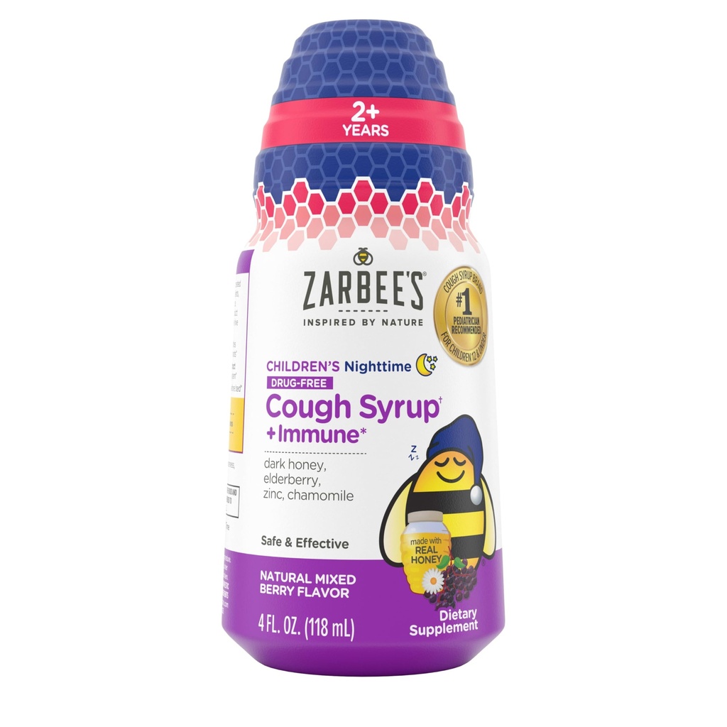 Zarbee's Children's Nighttime Honey Cough Syrup + Immuun lastele 2+, Cough Syrup koos rahustav Dark Honey, Real Elderberry, D-vitamiini ja tsink, & Kummel, Ravimivaba, segatud Berry, 4 fl. oz