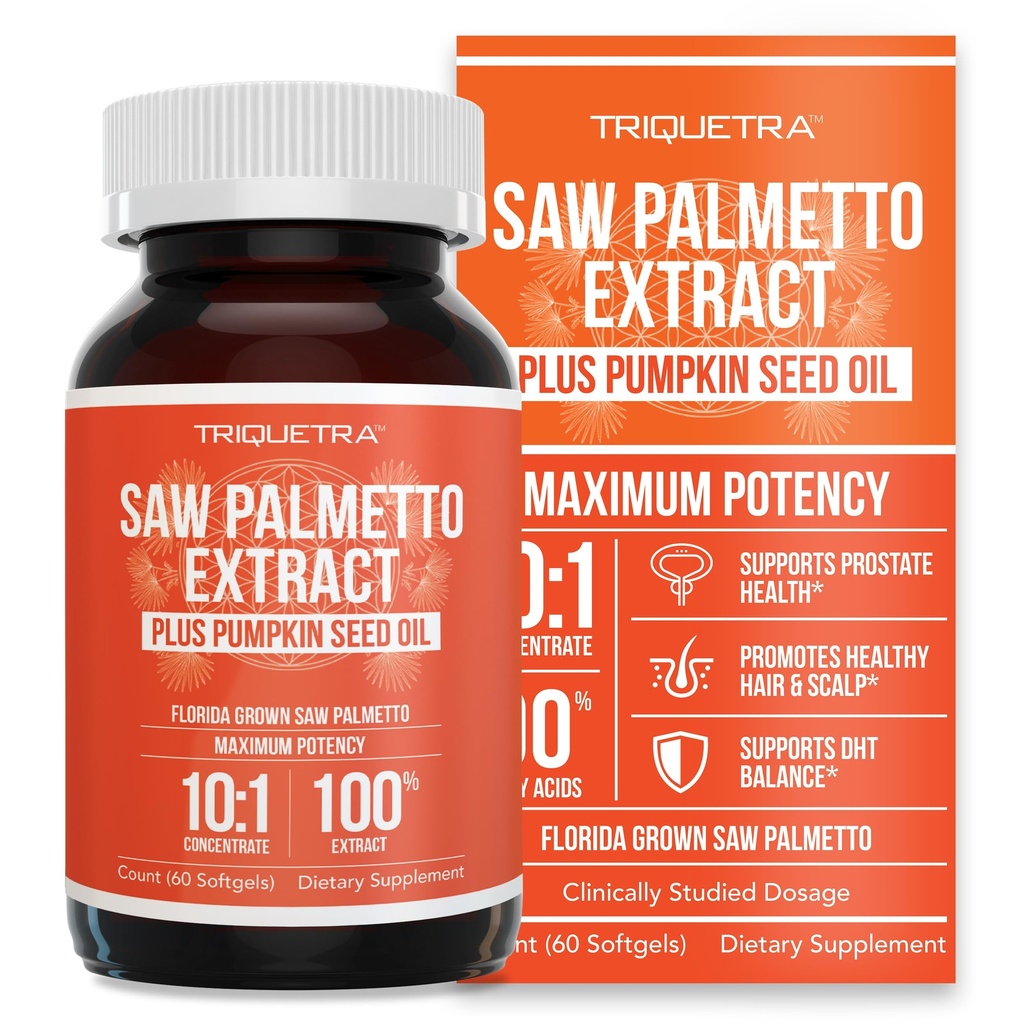 Saw Palmetto ekstrakt - 10X potentsi, farmatseutiline hinne tugevus - Plus kõrvitsaseemneõli - toetab eesnäärme tervist, leevendab urineerimise probleeme, toetab juuste kasvu, DHT Blocker - 60 Softgels