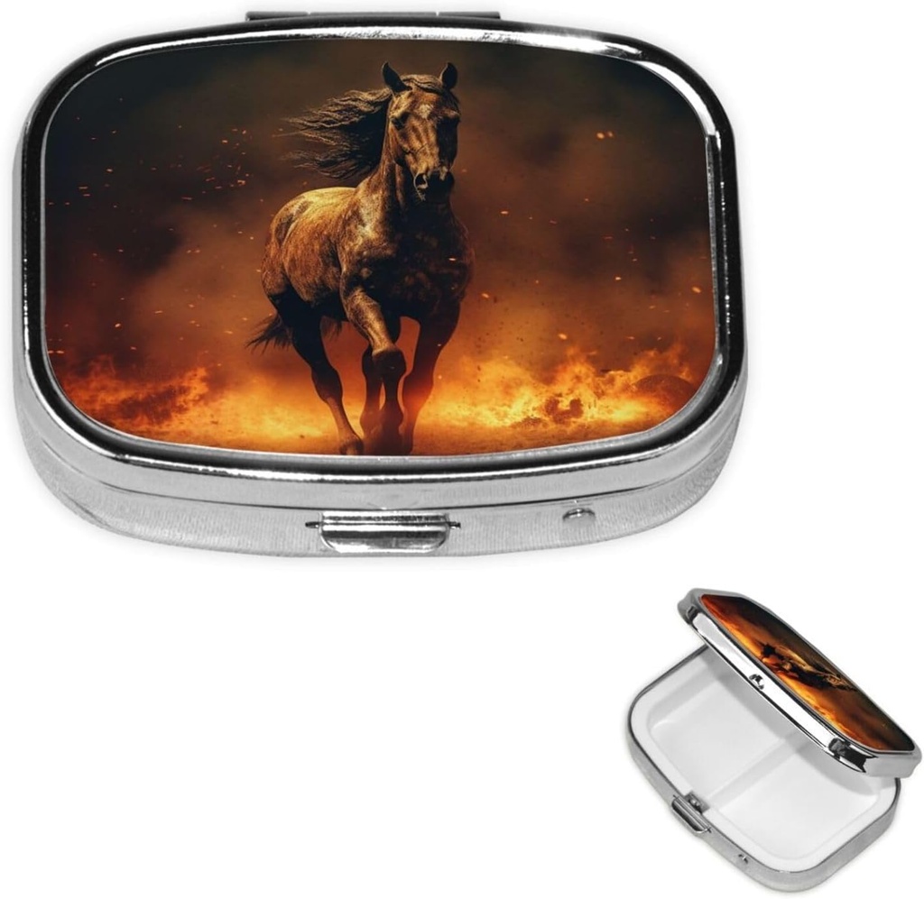Pill Box Flame Horse Square Pill Case for Purse & Pocket 2 Compart Medicine Pill Organizer Portable Travel Pillbox Medicine Vitamin Cod Maksaõli Hoidla