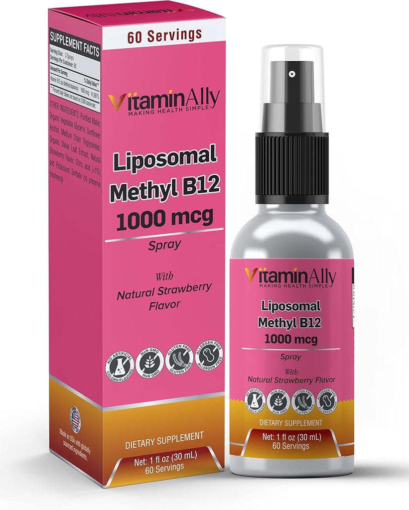 Liposomaalne Vitamiin B12 Spray | 60 Servings | 2 kuu pakkumine |1 fl oz | Mitte-GMO | Lisatud suhkruid pole | Gluteenivaba | Reisisõbralik | Toetab energiat, närvide tervist ja ajufunktsiooni