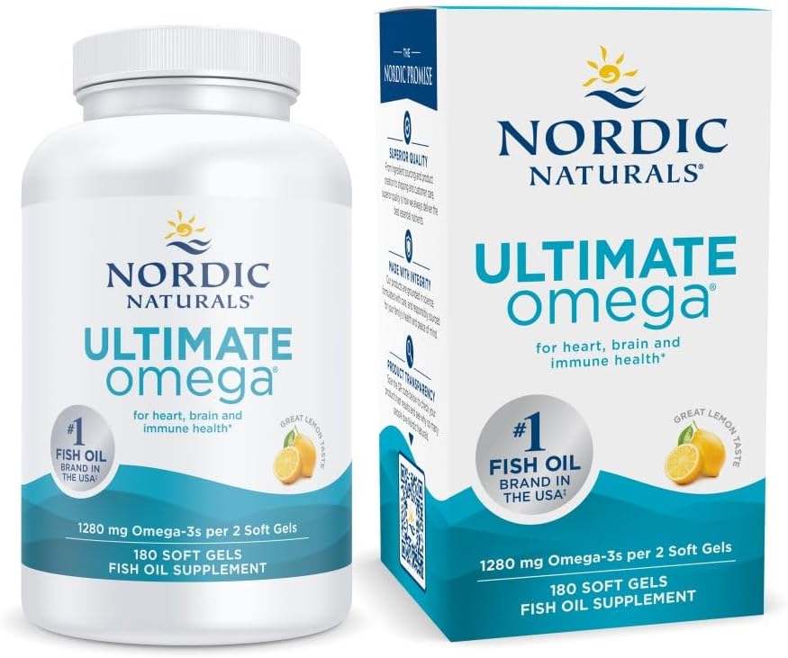 Nordic Naturals Ultimate Omega, Lemon Flavor - 180 Soft Gels - 1280 mg Omega-3 - High-Potency Fish Oil with EPA & DHA - Promotes Brain & Heart Health - Non-GMO - 90 Servings