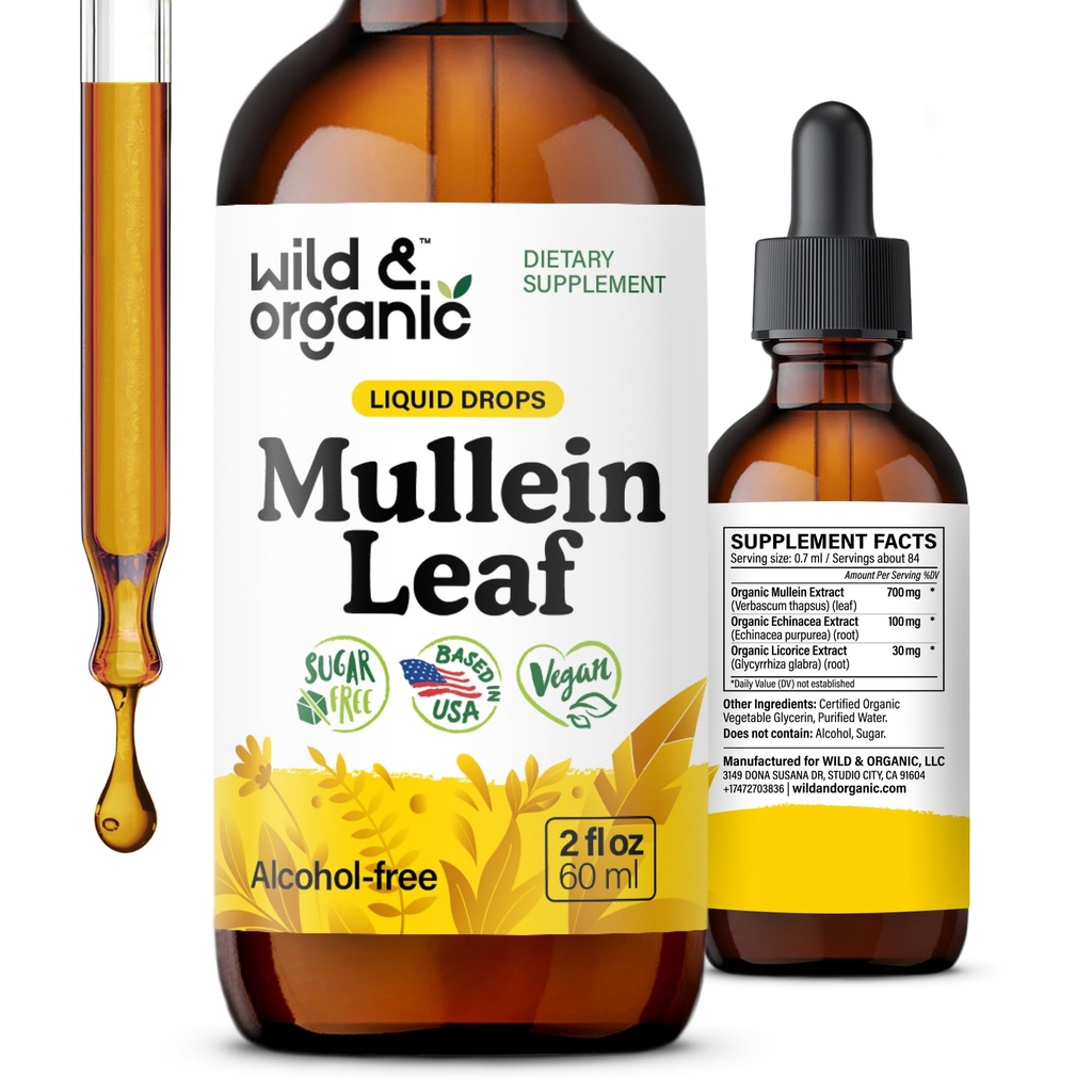 Wild & Organic Mullein tilgad kopsud - Lung Detox ja puhastamine - Vedel Mullein Leaf Tinktuur Echinacea & Lagrits Juur - Vegan, suhkur & Alkoholivaba ekstrakti täiendus - 2 fl oz