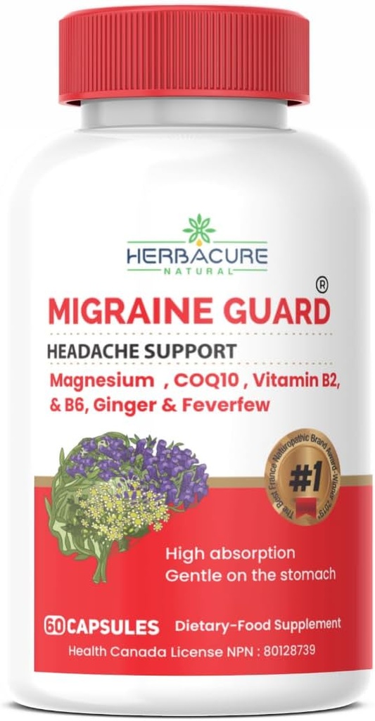 MIGRAINE Guard ® uus migreeni leevendamise peavalu ennetamine, kliiniliselt tõestatud COQ10, VIT B2, VIT B6, palavik, magneesiumglütsinaat, ingver, erakorraline vastus Kanadas tehtud uuringute ajal