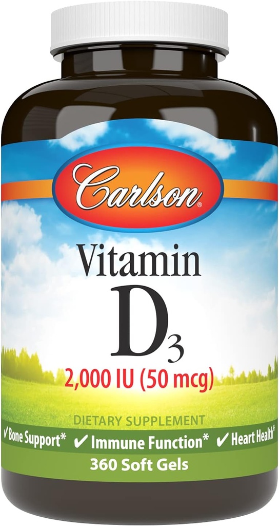Carlson - Vitamiin D3, 2000 RÜ (50 mcg), Luu Tervis, Lihaste Tervis, Kolekaltsiferool, D-vitamiini toidulisandid, D3-vitamiini pehmed geelid, 360 Softgels