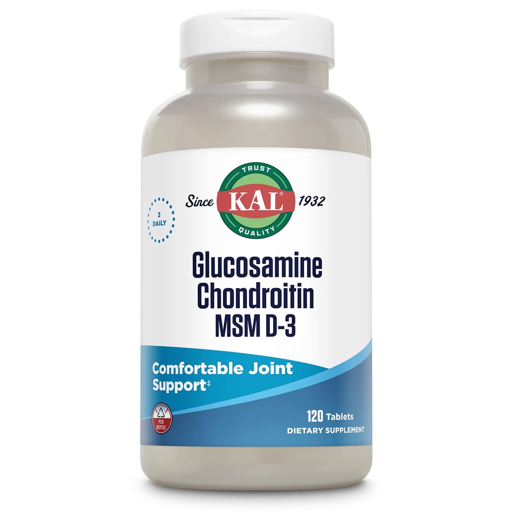 KAL Glükoosamiin Kondroitiini MSM D-3, ühine tugi täiendada, 1500 mg glükoosamiini sulfaat, 1200 mg kondroitiini sulfaat, 1000 mg MSM, pluss D3-vitamiin ja C-vitamiin, 40 Servings, 120 tabletti