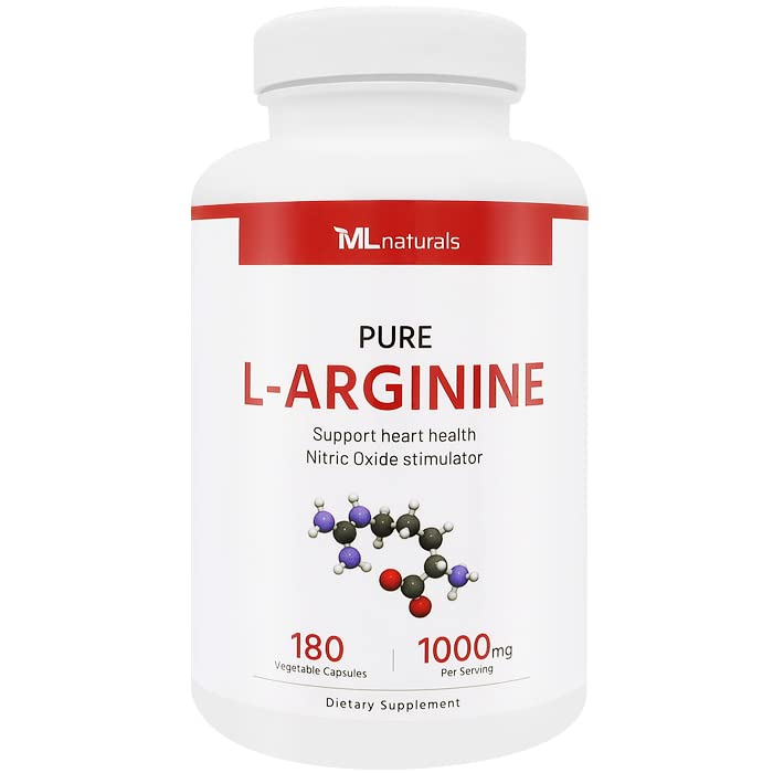 ML Naturals Pure L-arginiin 1000 mg 180 köögiviljakapslid. Aminohape, lämmastikoksiidi stimuleerija ja toetab südame tervist, NSF-sertifitseeritud ja cGMP-vastav.