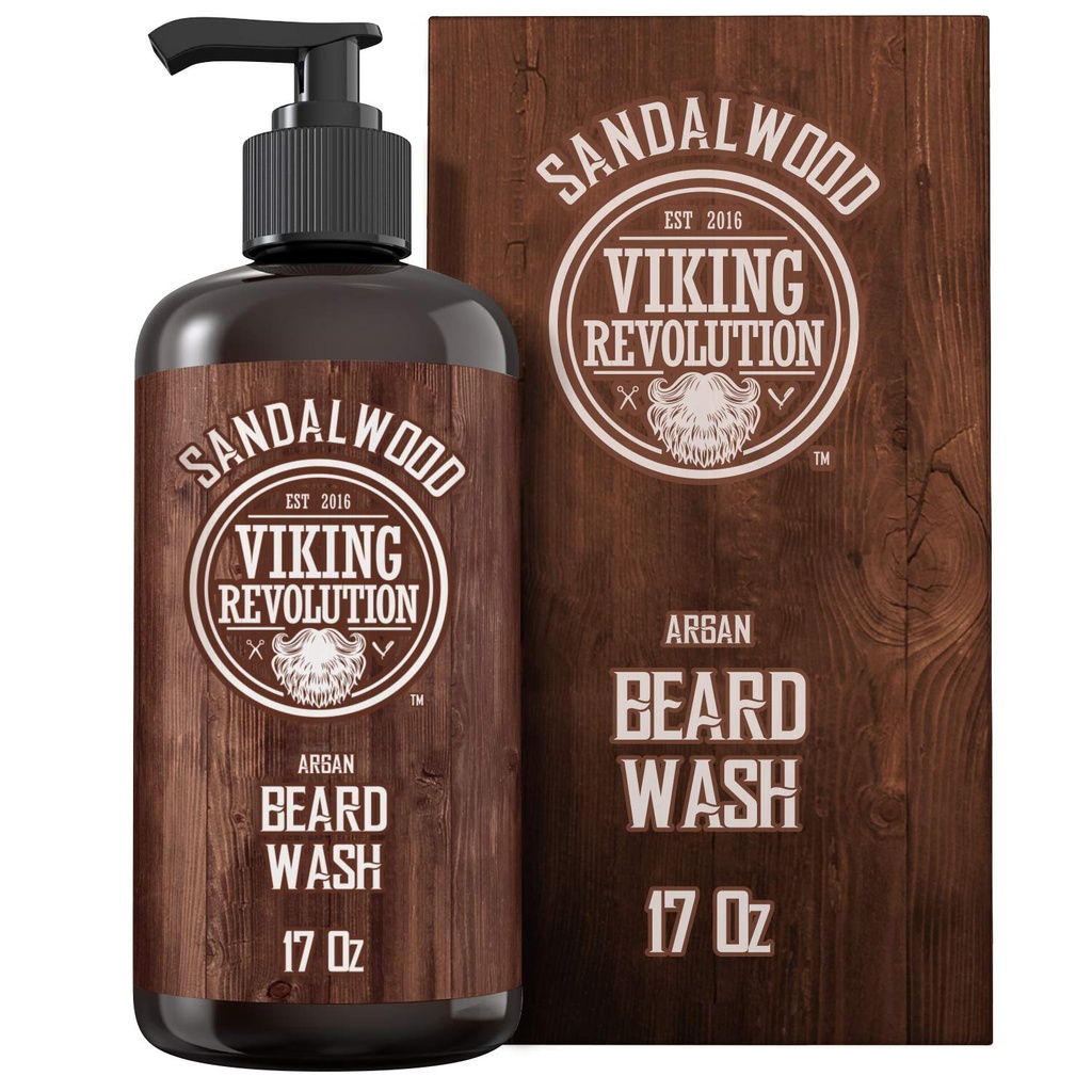 Viking Revolution Beard Wash Shampoo w/Argan & Jojoba Oils - Softens & Strongs - Sandalwood Scent - 17 oz Shampoo