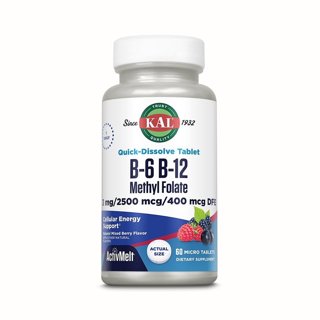 KAL Vitamiin B-6 B-12 Metüülfolaat ActivMelt, vitamiin B täiendus, südame tervis, energia ja punaste vereliblede toetamine Metüül B12 ja DFE foolhappega, looduslik marjamaitse, 60 serveerimist, 60 Micro Tabs