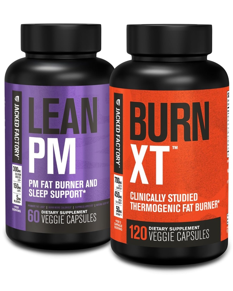 Jacked Factory Lean PM Night Time Fat Burner, Sleep Aid Supplement, & Appetite Suppressant (60 kapslit) & Burn-XT kliiniliselt uuritud rasvapõletaja & kaalulangus täiendada (120 kapslit)