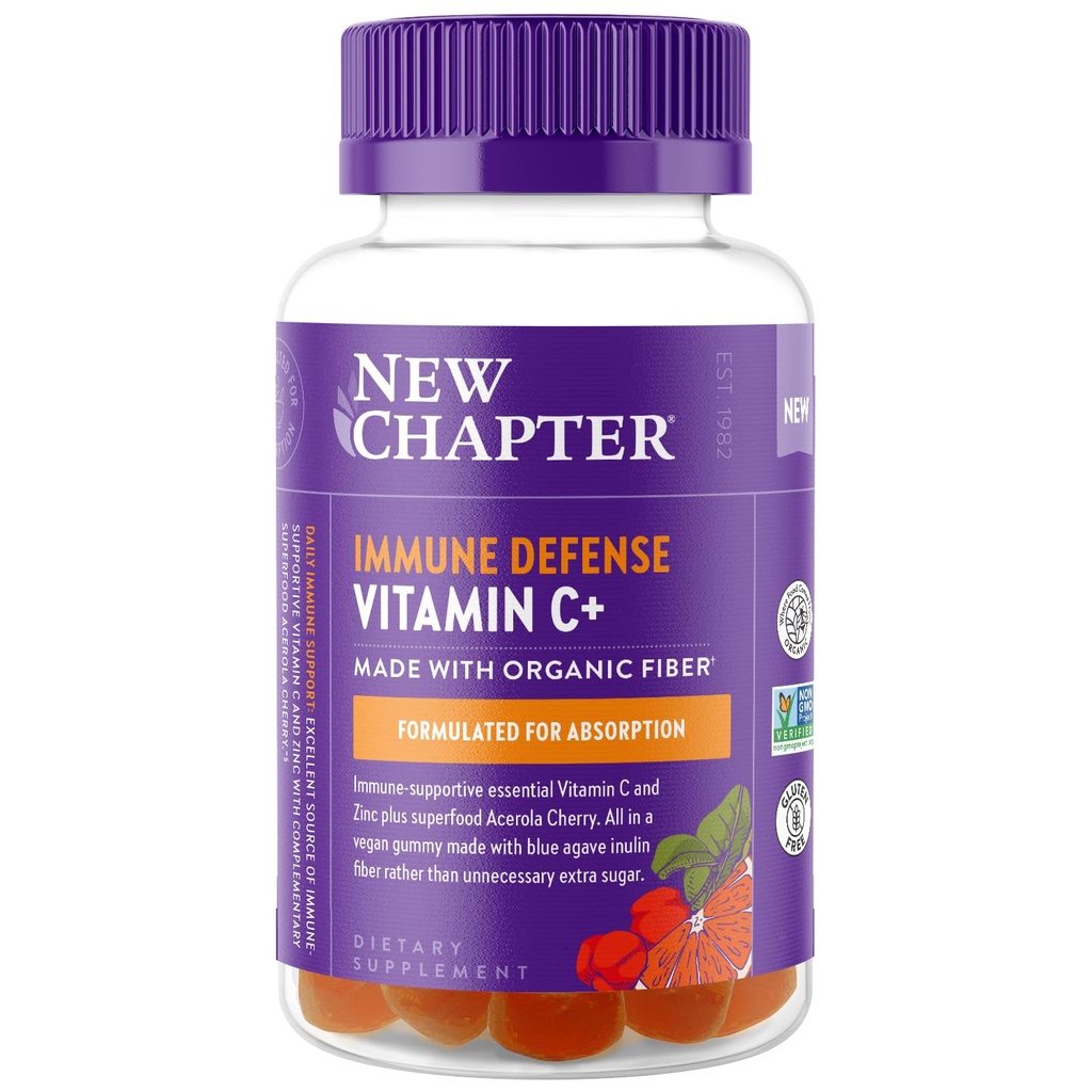 New Chapter Vitamin C+ Gummies – 35% Less Sugar§, Excellent Source of Vitamin C, Two Daily Gummies for Immune Support with Acerola Cherry, Vegan, Non-GMO, Gluten Free, Citrus Flavored, 60ct