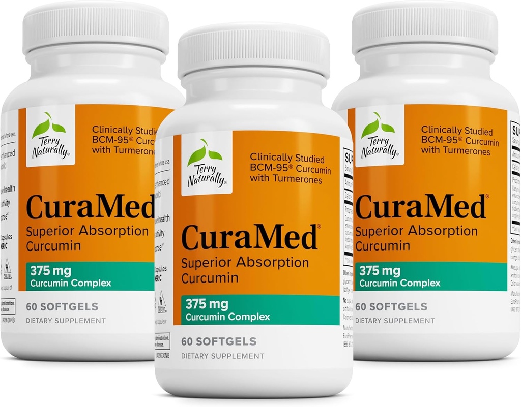 Terry Naturally CuraMed 375mg - Antioksüdandi lisand aju ja immuunsüsteemi tervise toetamiseks - toidulisand kurkumiini ja kurkumi eeterliku õliga - taimse maksa toetus - 60 softgels (3. pakk)