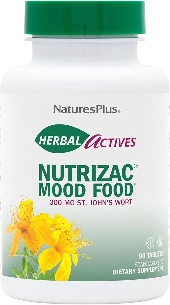 Natures Plus taimsed toimeained NutriZAC Mood Food - 300 mg St Johns Wort, 90 Vegan Bi-Layered Tablets - Maksimaalne potentsi Natural Mood Booster - Taimetoitlane, Gluteenivaba - 90 Servings