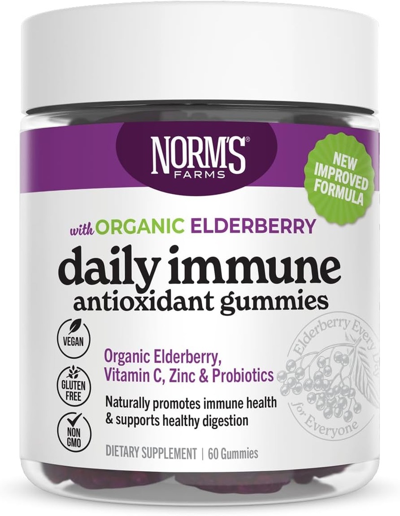 Norm's Farms Organic Elderberry Gummies - Daily Immune Support täiskasvanutele ja lastele tsink, DE111 probiootikum, C-vitamiin - valmistatud USAs, 3. partei testitud - Vegan, Gluteenivaba, Kosher, Non-GMO, 60 Gummies