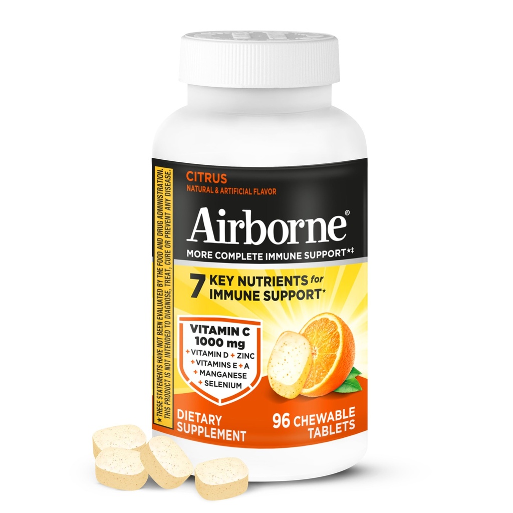 Airborne Vitamiin C 1000mg (per Serving) - Tsitrus närimistabletid (96 loe kasti) - Pakend võib varieeruda
