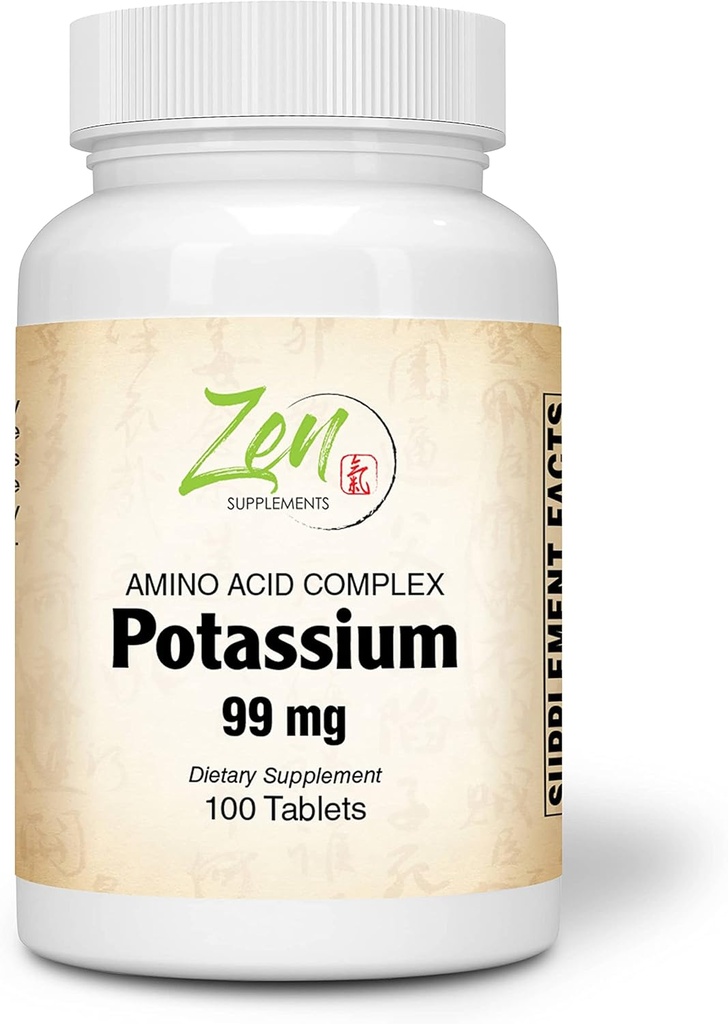Zen Supplements - Kaalium 99 mg (Aminohape) 100-Tabs - Fluid & Electrolyte Balance Formula - Heart, Närvi ja lihasfunktsiooni tugi