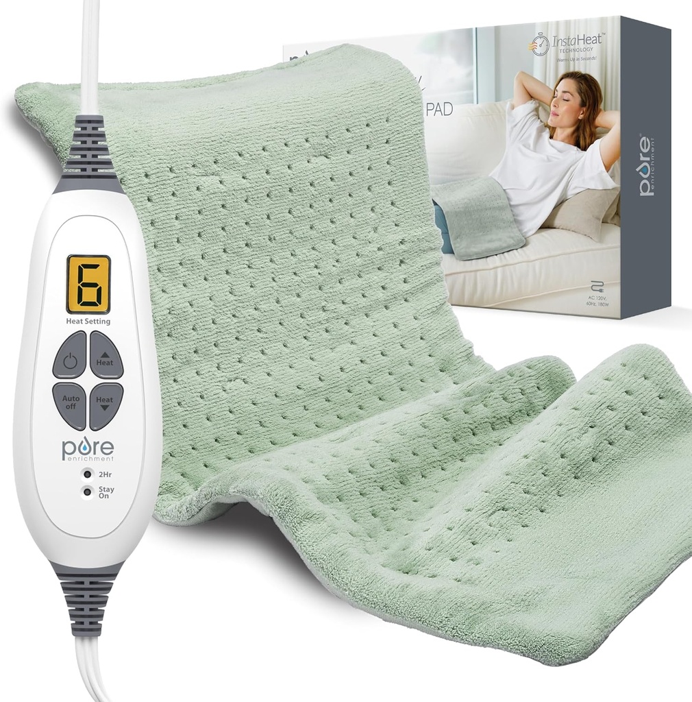 Puhas rikastamine PureRelief XL Küttepadi - 12" x 24 "Elektrooniline küttepadi seljavalu ja krampide jaoks, 6 Soojusseadet, FSA / HSA abikõlblik, Pehme masina pesukapp, automaatne ja niiske soojus (Zen Green)