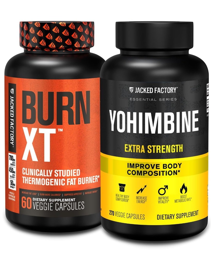 Jacked Factory Fat Burner Yohimbine - termogeensed toidulisandid meestele ja naistele - Burn-XT termogeenne rasvapõletaja & Yohimbine ekstra tugevus täiendus 2,5mg, 270 kapslit