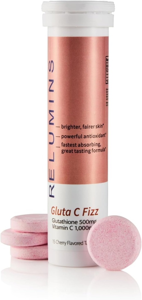 Relumiinid Gluta C Fizz - suur annus, kiire imendumine 500mg Glutatioon & 1000mg C-vitamiin - kirsi maitsestatud kihisevad tabletid | Detox, kollageeni Boost | hõõguv, noorendatud nahk - 15 tabletti