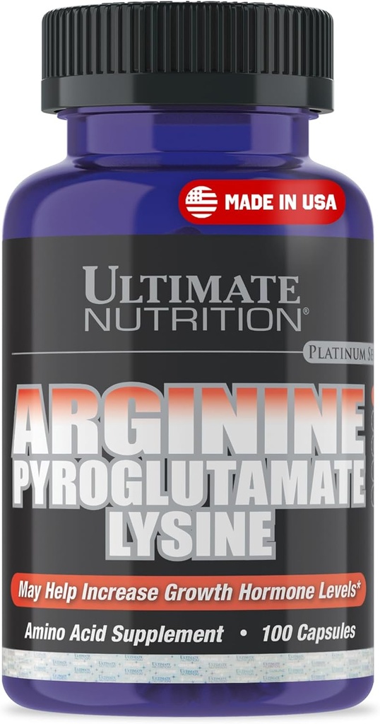 Ultimate Nutrition L-Arginine Supplements meestele ja naistele - virnastatud Aminohappe kompleks aginiini, püroglutamaadi ja lüsiiniga - toetus GH, lämmastikoksiidi tootmine ja optimaalne verevool - 100 kapslit