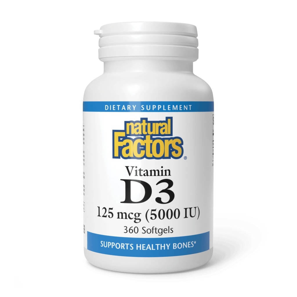 Looduslikud tegurid, vitamiin D3 5000 RÜ (125 mcg), toetab tugevaid luid, lihaseid ja immuunsüsteemi funktsiooni, 360 Softgels