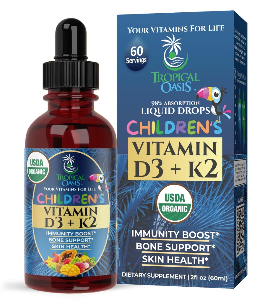 USDA Orgaaniline Vitamiin D3 K2 Vedelad tilgad | Vitamiin D3 K2 Täiendus lastele ja väikelastele vanuses 1+ | Laste Kaltsiumi imendumise täiendus Tugevad luud | Vegan, mitte-GMO | 2 Fl Oz