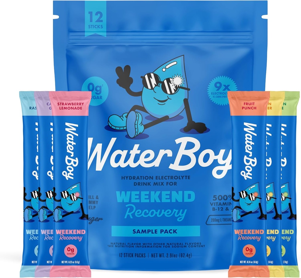 Waterboy Weekend Recovery Sample Pack | 3200mg Elektrolüütide Pulber Pakendid | Ingver + L-Theanine + Vitamiinid | Ei Suhkur, Kõik Looduslik, Gluteenivaba | 12 Joogipulga Segud (proovi pakend)