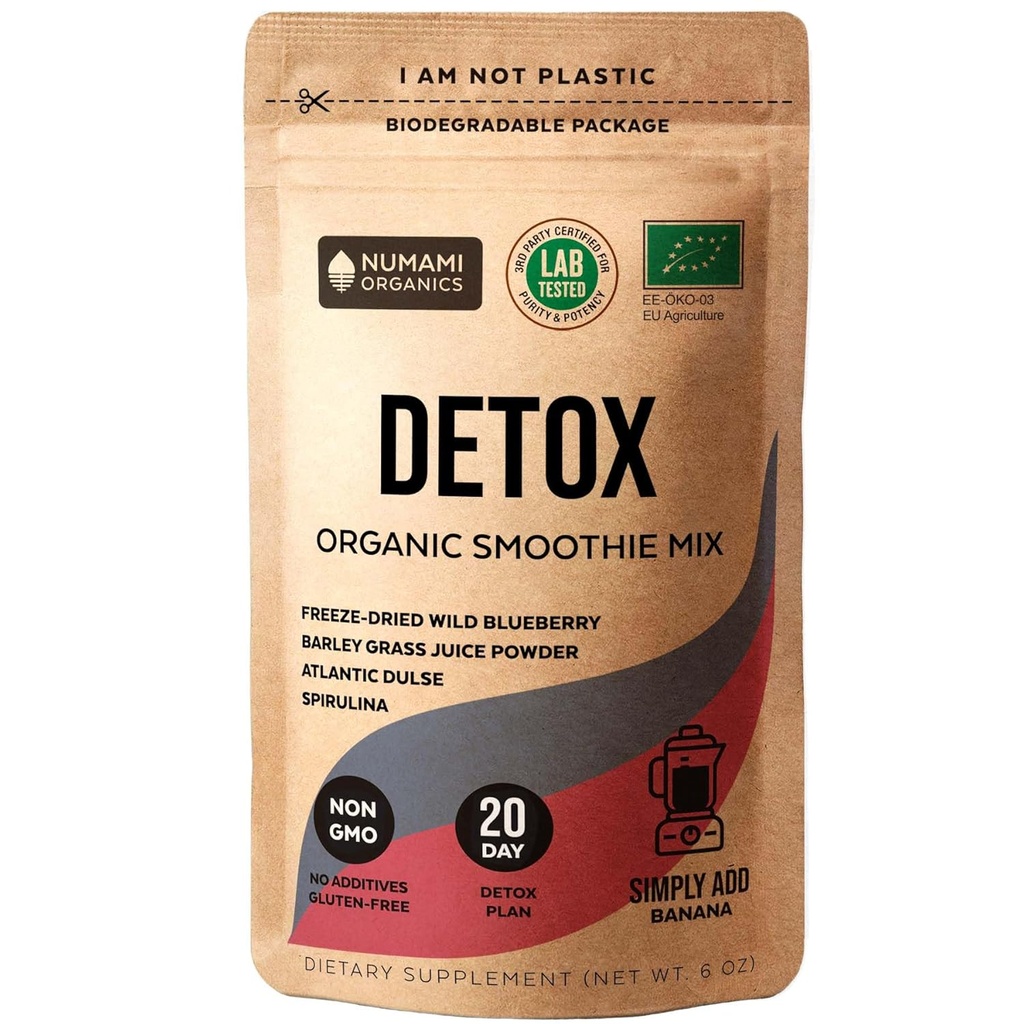 Numami Organic Detox Blueberry Smoothie Pulber tervisliku Spirulina, Atlantic Dulse ja Odra Grass Juice Powder, Premium Kvaliteetne supertoit Euroopast