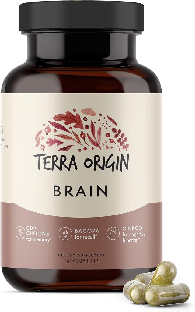 Terra Origin, Healthy Brain Supplement, Capsules, 30 Servings, with CDP Choline, Ginkgo Biloba Extract, and Bacopa - for Healthy Mind, Improves Memory, Recall and Function